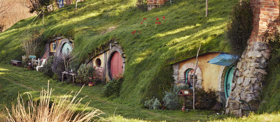 Sheltered by tall trees, the hobbit holes at Hobbiton Movie Set are beautifully detailed.