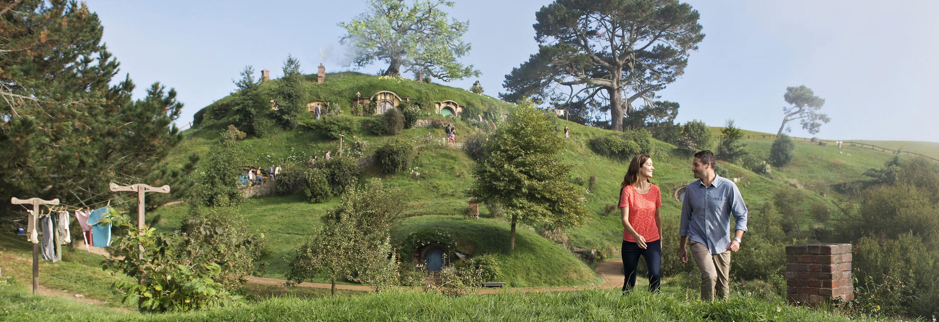 a small village representing the hobbit with trees, bushes and small cottages