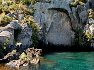 The Maori Carvings at Mine Bay on Lake Taupo