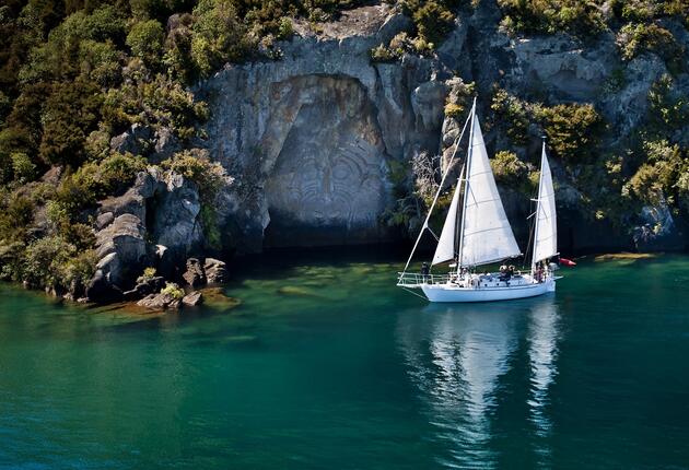 Lake Taupo, on New Zealand's North Island, is in the caldera of Taupo Volcano. Enjoy exciting water sports, visit Huka Falls, or cycle one of Taupo's many mountain-biking trails.