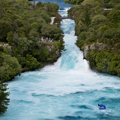 Watch 220,000 litres per second of water thunder over Huka Falls, New Zealand&#039;s most visited attraction.