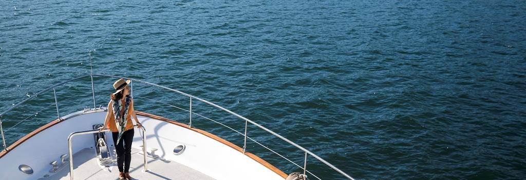 殳俏于Tarquin豪华游艇的船头甲板欣赏马尔堡峡湾美景
