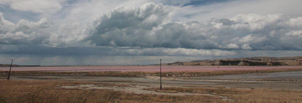 Rain over Lake Grassmere and the Saltworks