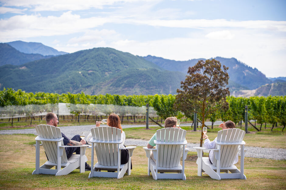 Friends enjoying views while tasting wines at Marlborough Food &amp; Wine Festival