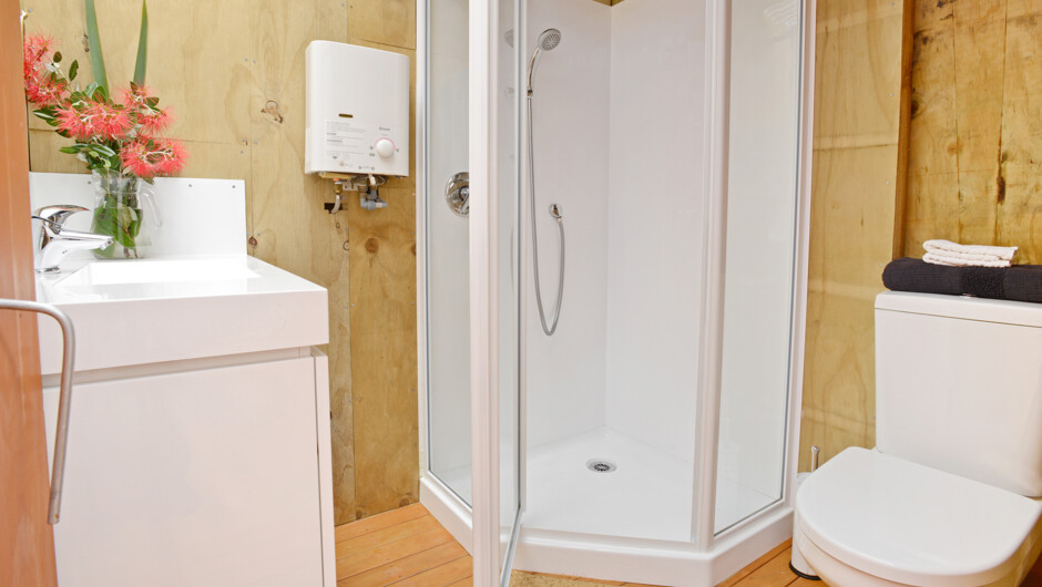 Ensuite with hand basin, hot shower and flush toilet
