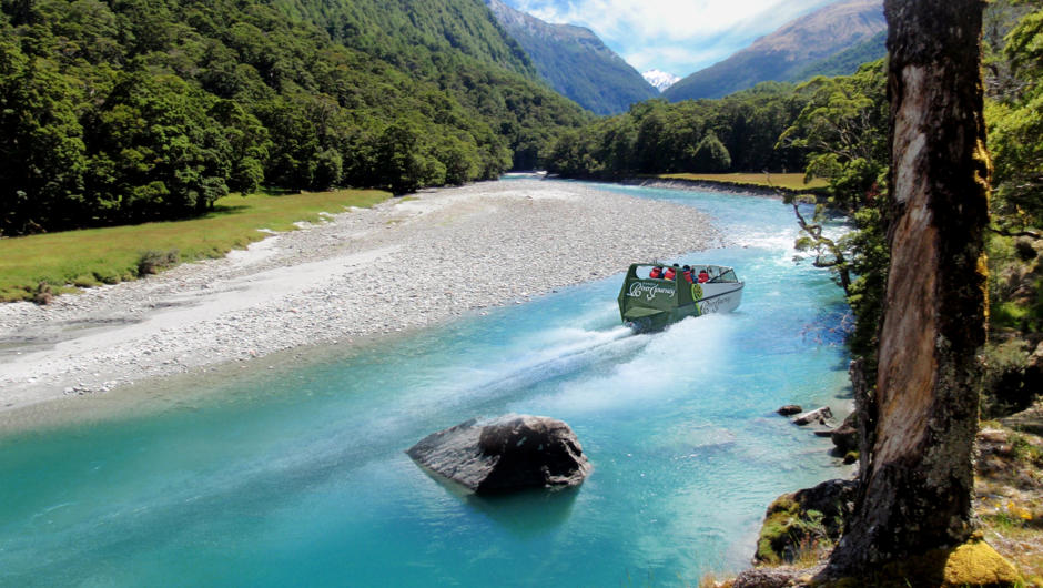 Jet boating up the remote Mutukituki valley beneath the glaciers of Mt Aspiring NP.