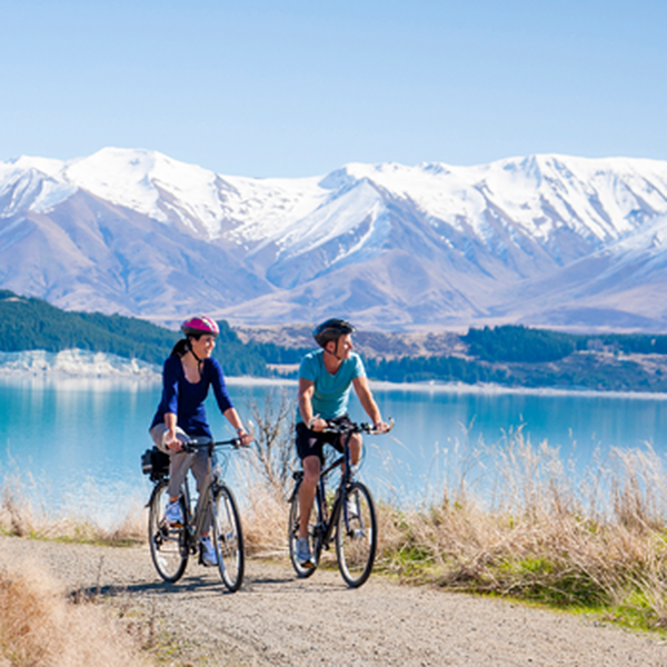 Cycling at Lake Pukaki, near our tallest mountain, Aoraki Mt Cook