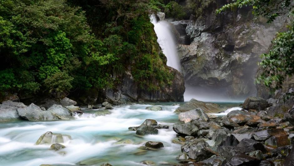 Crystal clear rivers and waterfalls are found along the Hollyford Track