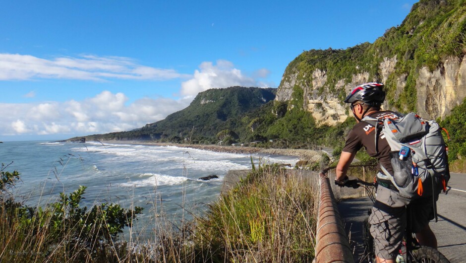 Cycling into camp at Punakaiki on the West Coast of the South Island