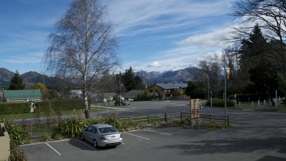 View across the car park towards the mountains