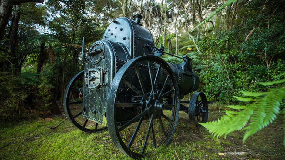 Discover the site of the Kauri Timber Company sawmill (1909 -14) including a steam traction engine, cast iron chimney stack, concrete foundations and stone walls.