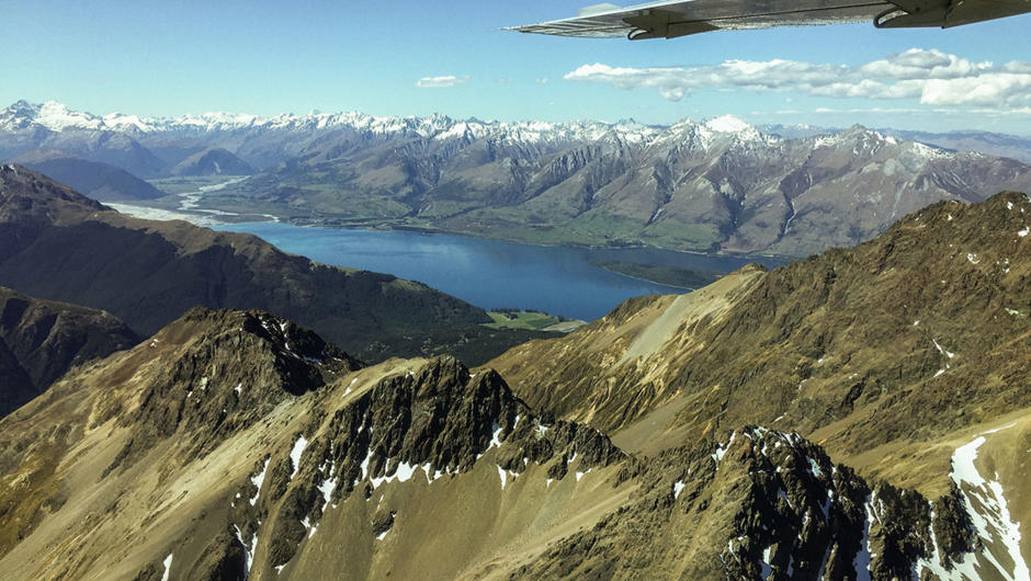 Views of Lake Wakatipu on our scenic flight from Milford Sound to Queenstown.