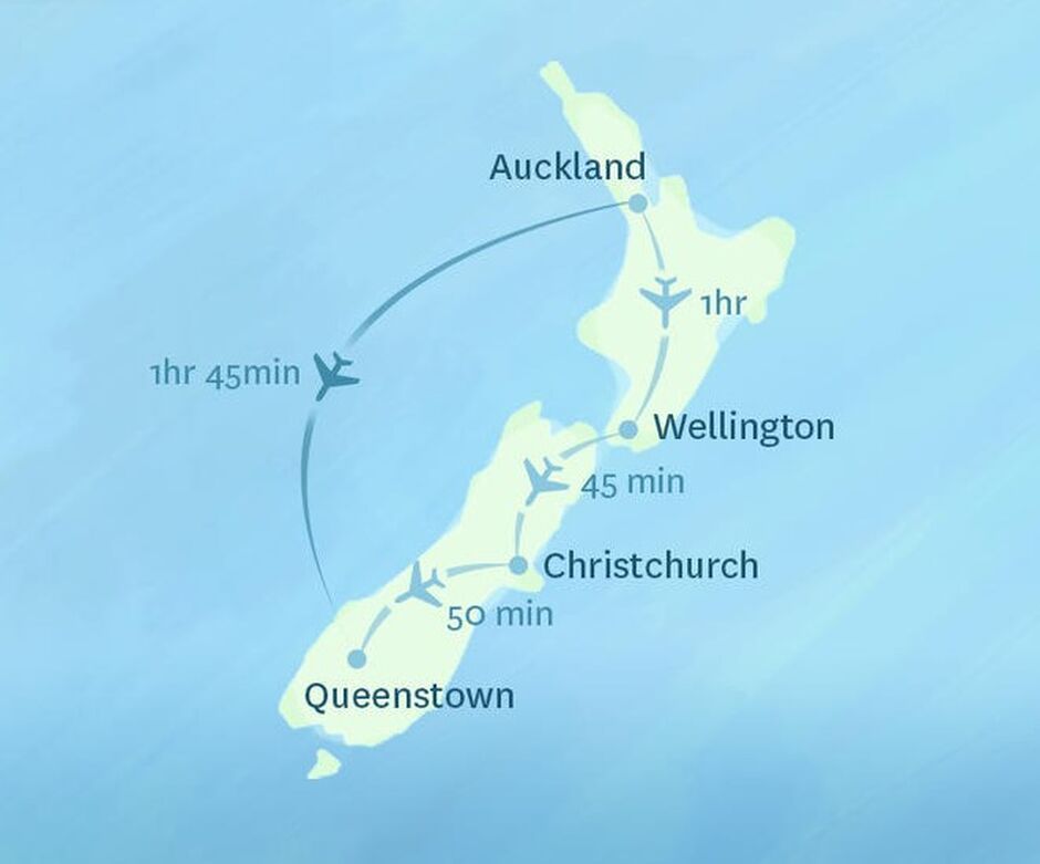 Map of domestic flights routes and duration, New Zealand