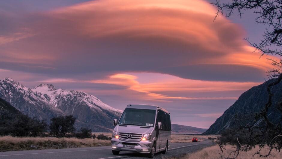 Mercedes-Benz Sprinter 16-seater on a sightseeing tour from Christchurch to Queenstown via Mt Cook