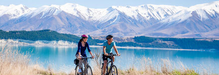 Cycling at Lake Pukaki, near our tallest mountain, Aoraki Mt Cook