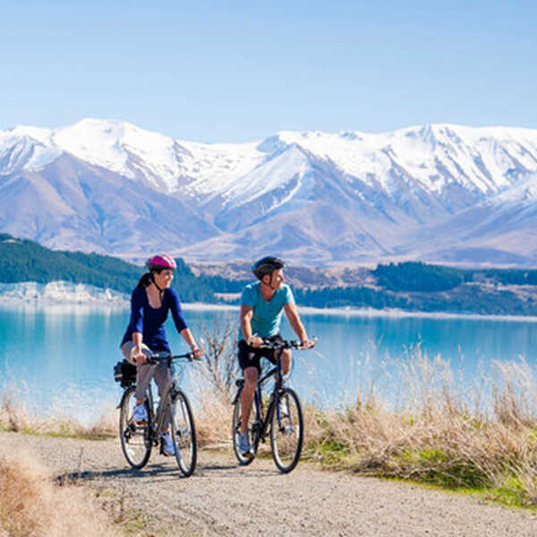 Cycling at Lake Pukaki, near our tallest mountain, Aoraki Mt Cook