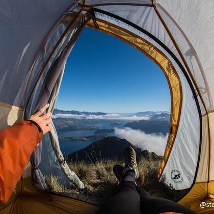Stunning view from the tent on Roys Peak near Queenstown.