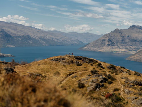 Hikers admiring views on Lake Wakatipu and surrounding mountains from the top of Quenstown Hill track