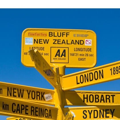 Bluff&#039;s Stirling Point sign indicates distances to other parts of the world and makes a great photo.