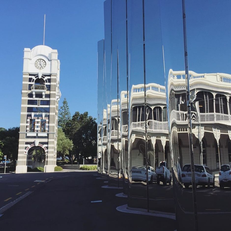 Reflections on the Govett-Brewster Art Gallery in New Plymouth.