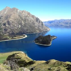Lake Hāwea from the top of the Dingleburn Peninsula, looking out to Silver Island