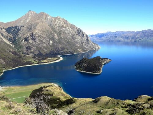 Lake Hāwea from the top of the Dingleburn Peninsula, looking out to Silver Island