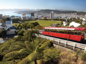 The famous Wellington cable car climbs the hill from downtown Lambton Quay to the Botanic Garden.
