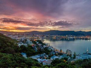 Scenic view at sunset on Wellington harbour from Mt Victoria