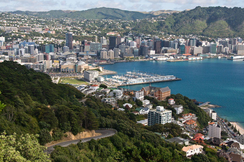 从维多利亚山（Mount Victoria）顶眺望惠灵顿港口（Wellington Harbour）景致。