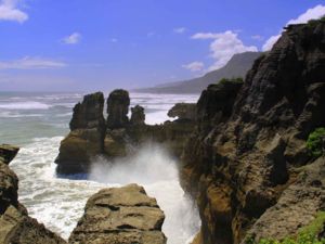 The Tasman sea of the wild West Coast smashes against the limestone rocks of Punakaiki.