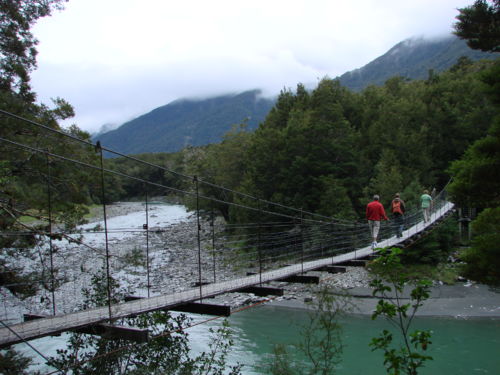 hanging bridge to blue lakes close to Haast Pass and Lake Wānaka north end
