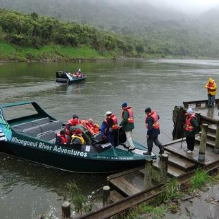 Jet boat loading at Pipiriki with Whanganui River Adventures