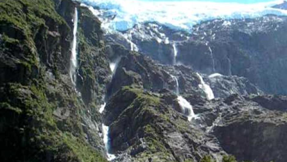 Rob Roy Glacier and a 261m waterfall  in Mt Aspiring National Park, near Lake Wanaka, NZ