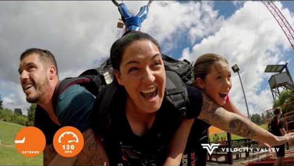 New Zealand's first giant swing. This giant swoop swing pulls people 40m into the air before one lucky person pulls the ripcord and you drop down into a 130kmp speed swing. One of six iconic adventure activities to choose from at Velocity Valley, Rotorua,