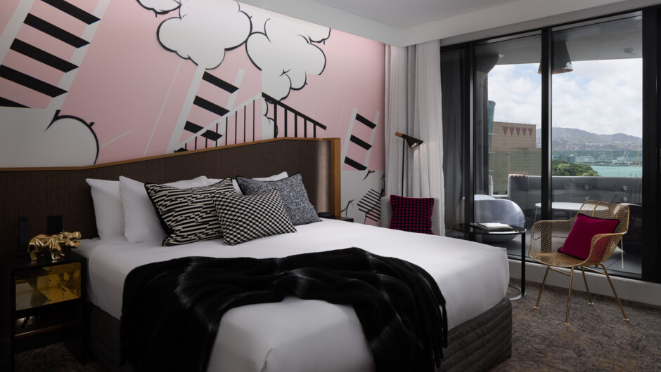 Whether it’s a distinctive bedhead mural, a quirky sculpture or a custom-made wallpaper - you will be sure to delight in the artistic flair of your surrounds, and the postcard-worthy Wellington Harbour view.