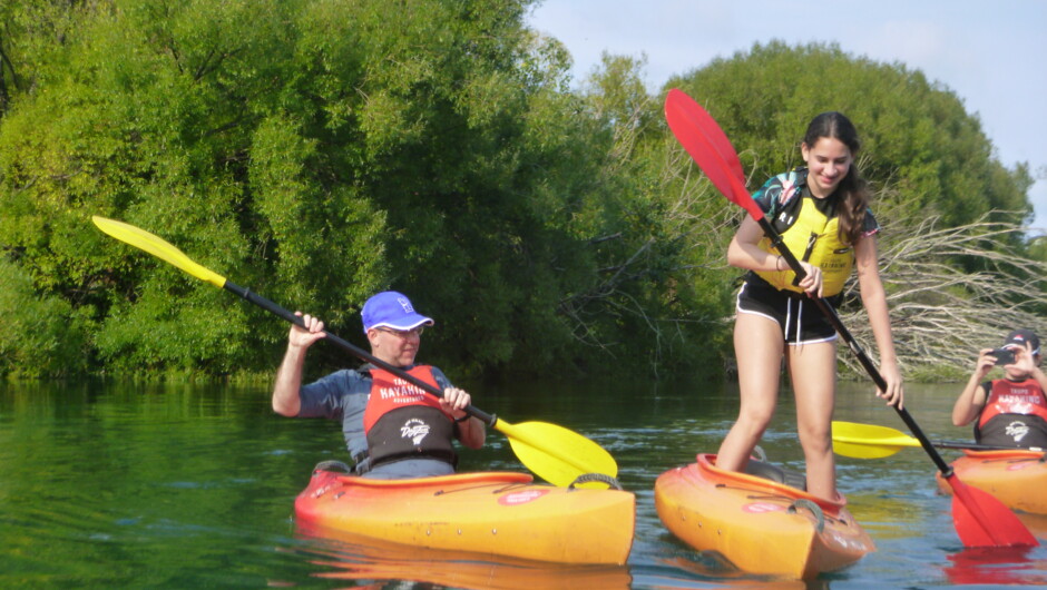 Kayak down the Waikato River with Taupo Kayaking Adventures. Suitable for families.