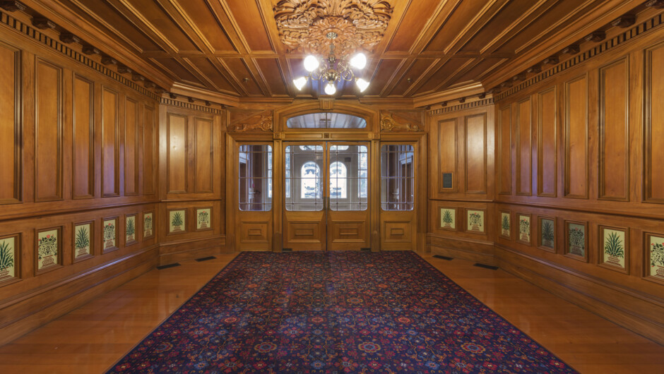 Main entrance foyer with kauri panelling and stencil details