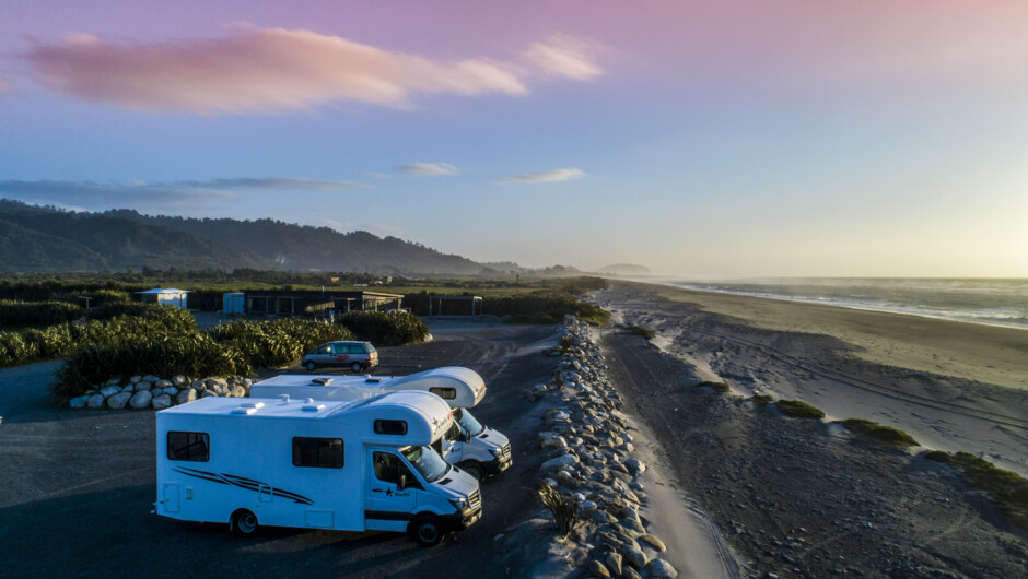 Unpowered Beachfront Sites. Our absolute beachfront sites offer the best views of the Tasman Sea, these are spacious, level sites. It can get windy, but that’s all part of the charm of the rugged West Coast’s untamed natural wilderness experience.