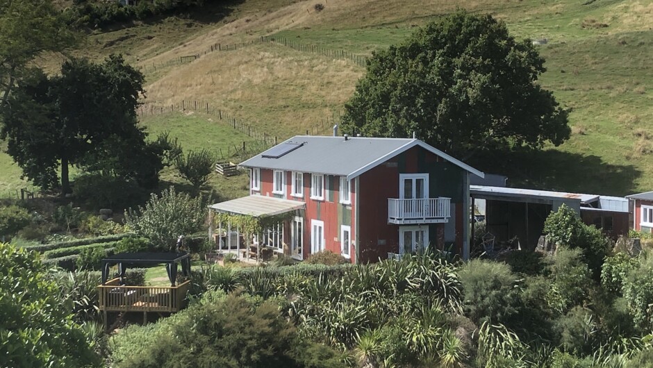 The Pear Orchard Lodge, the family-friendly lodge lawn, outdoor lounge and regenerating bush