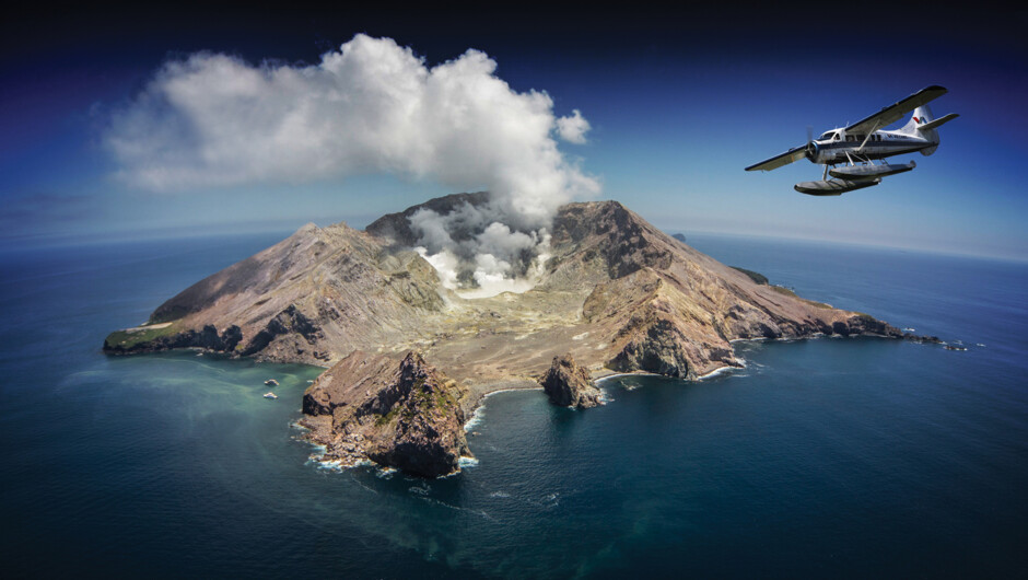 Floatplane flight over Whakaari/ White Island, New Zealand's most active marine volcano.