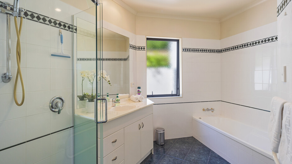 Main bathroom with bath, shower &amp; vanity - separate toilet