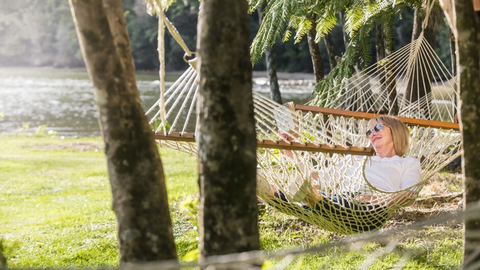 Relax by the waterside in our comfortable hammocks.