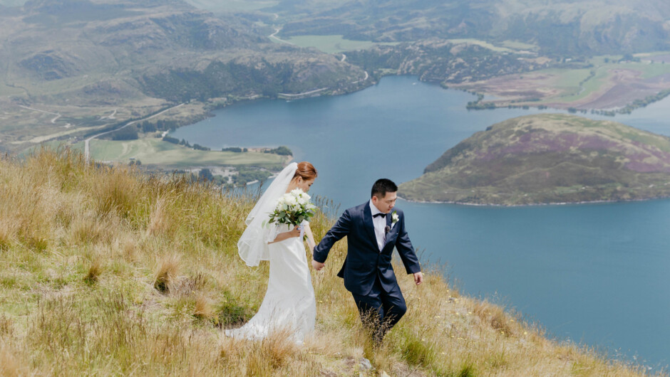 Heli-wedding photograph by photographer Panda Bay Films at Coromandel Peak, Wanaka