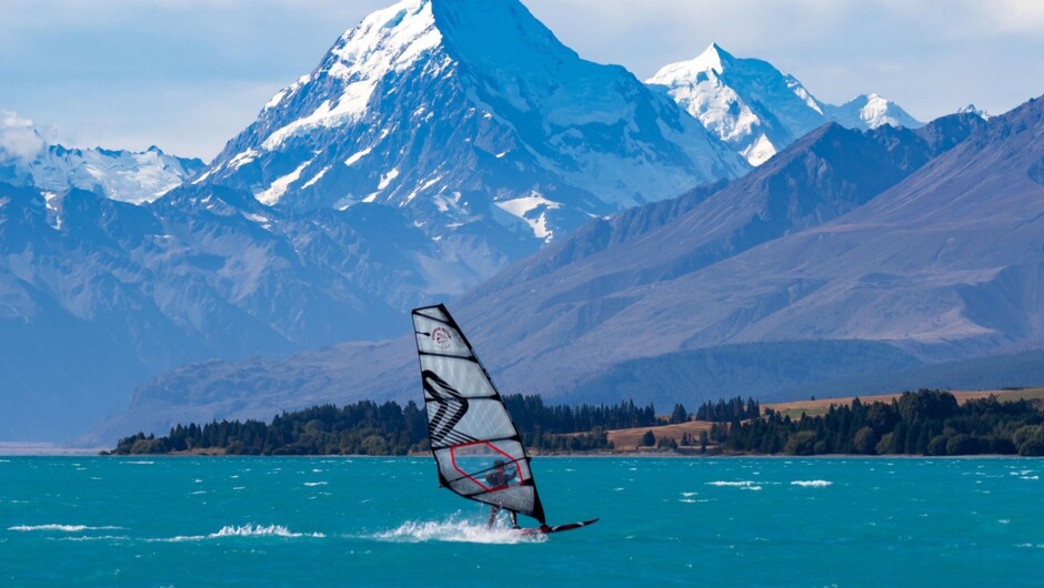 Windsurfing Lake Pukaki with Aoraki Mount Cook in the background - a truly special place.