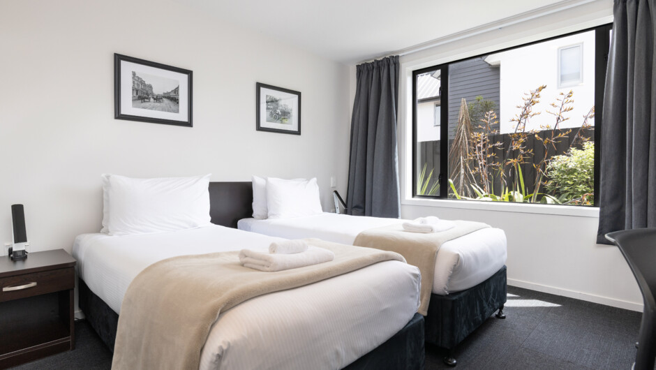 The Studios Twin. Our Studio Twin Rooms offer two full-sized single beds made with quality linen, smart TVs, fee unlimited WIFI, air-conditioning, tea and coffee making facilities, microwave, and a refrigerator.