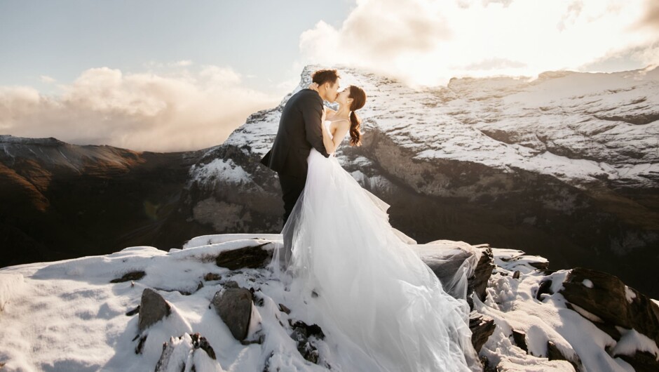 Queenstown New Zealand Heli Pre-Wedding Shoot in the snow at Earnslaw Burn