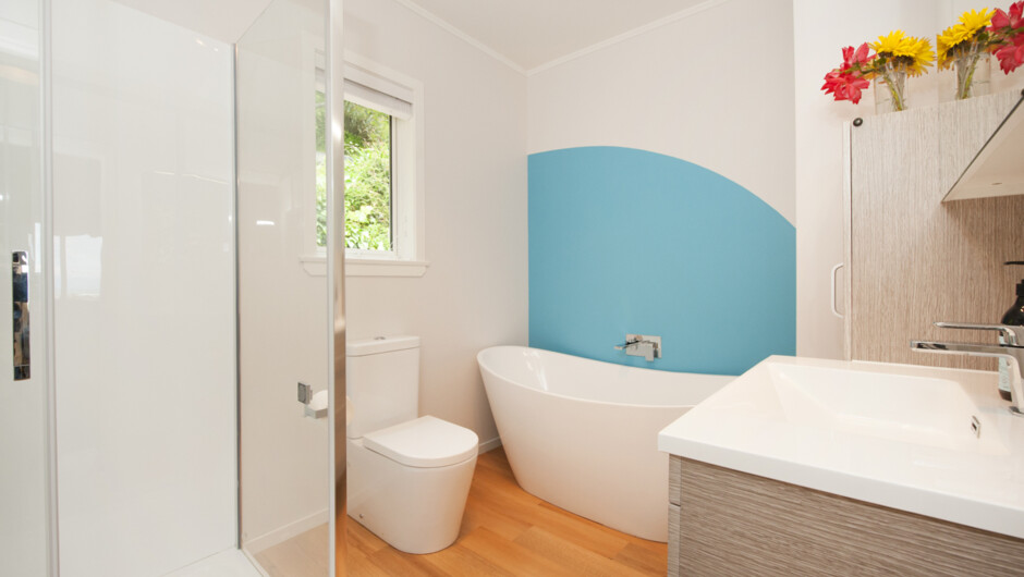 Shower, separate bath, toilet &amp; vanity.