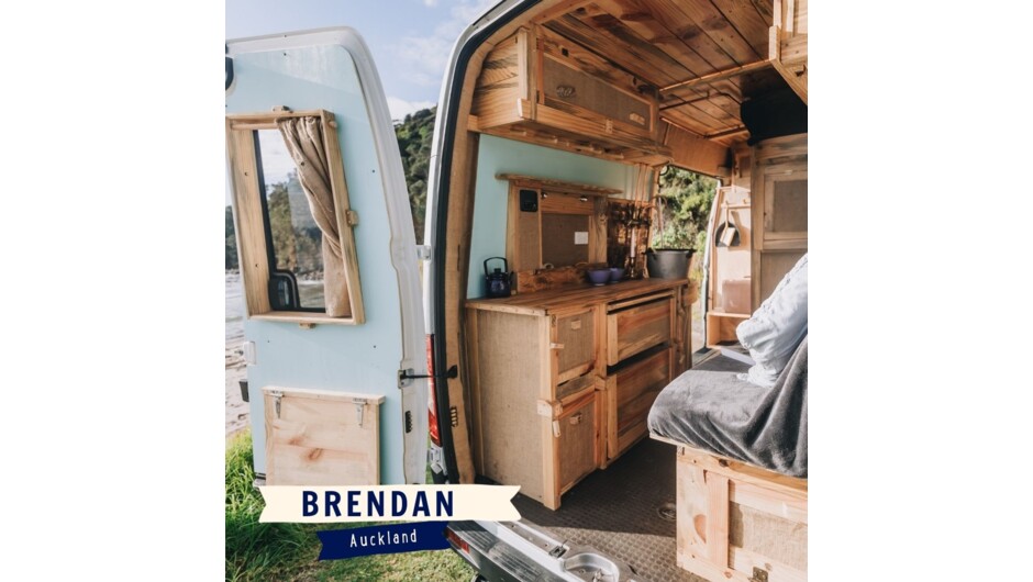 Brendan was designed and built for two, with comfort, lazy days and snuggly nights in mind. Not only does he look spectacular, he smells of freshly milled timber, which automatically transports you to another place. He hails from the Coromandel.