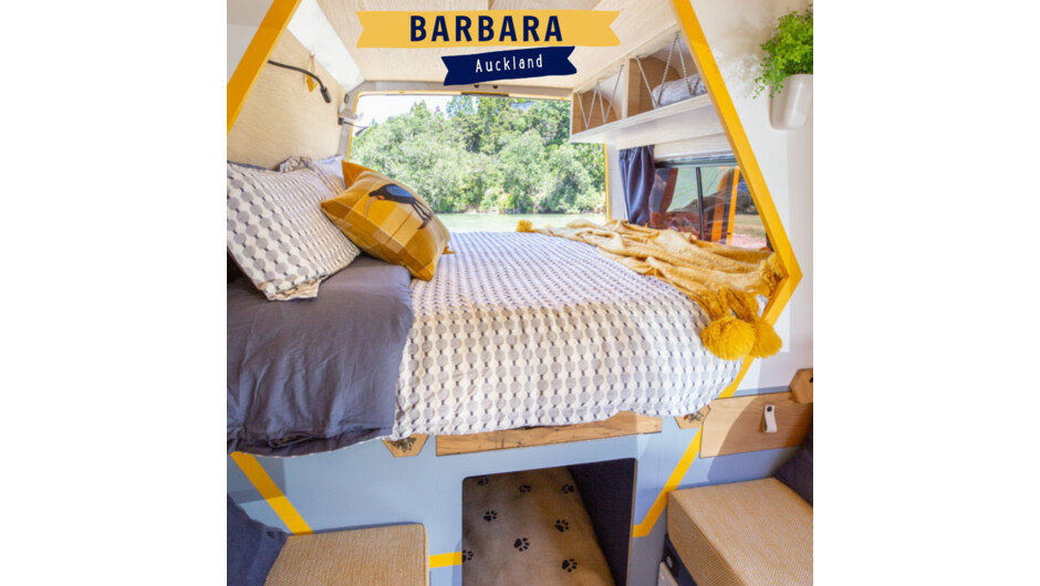 Barbara is a funky bach-on-wheels for two people (and their dog) perfect for exploring Aotearoa in style and comfort. With her fresh, happy colours and bee theme she’s not just fun but functional too with some clever and luxurious features.