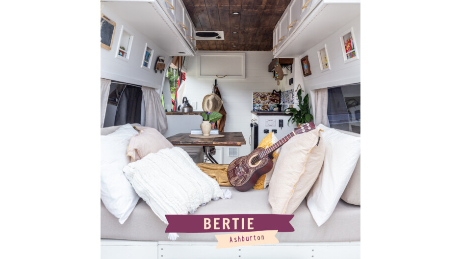 Bertie is a gorgeous campervan with a laid-back vibe, an artist’s touch and a really clever layout. She’s packed full of features yet feels spacious, light and airy. Cook up a storm with the luxury of a gas hob and oven, then entertain the neighbours too 